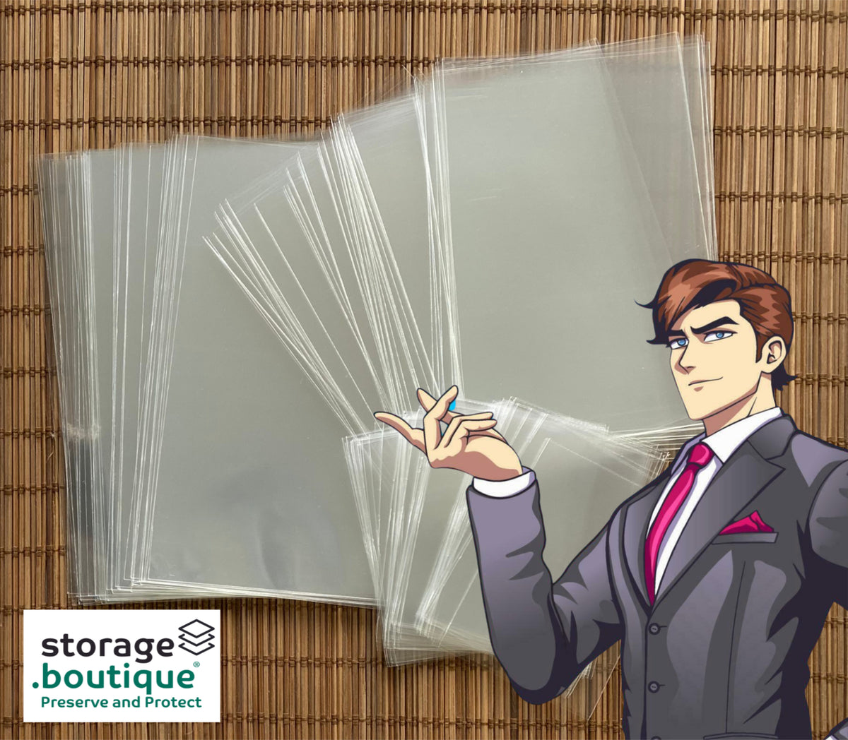 Cartoon character in a suit holding clear protective sheets with 'storage.boutique' logo.